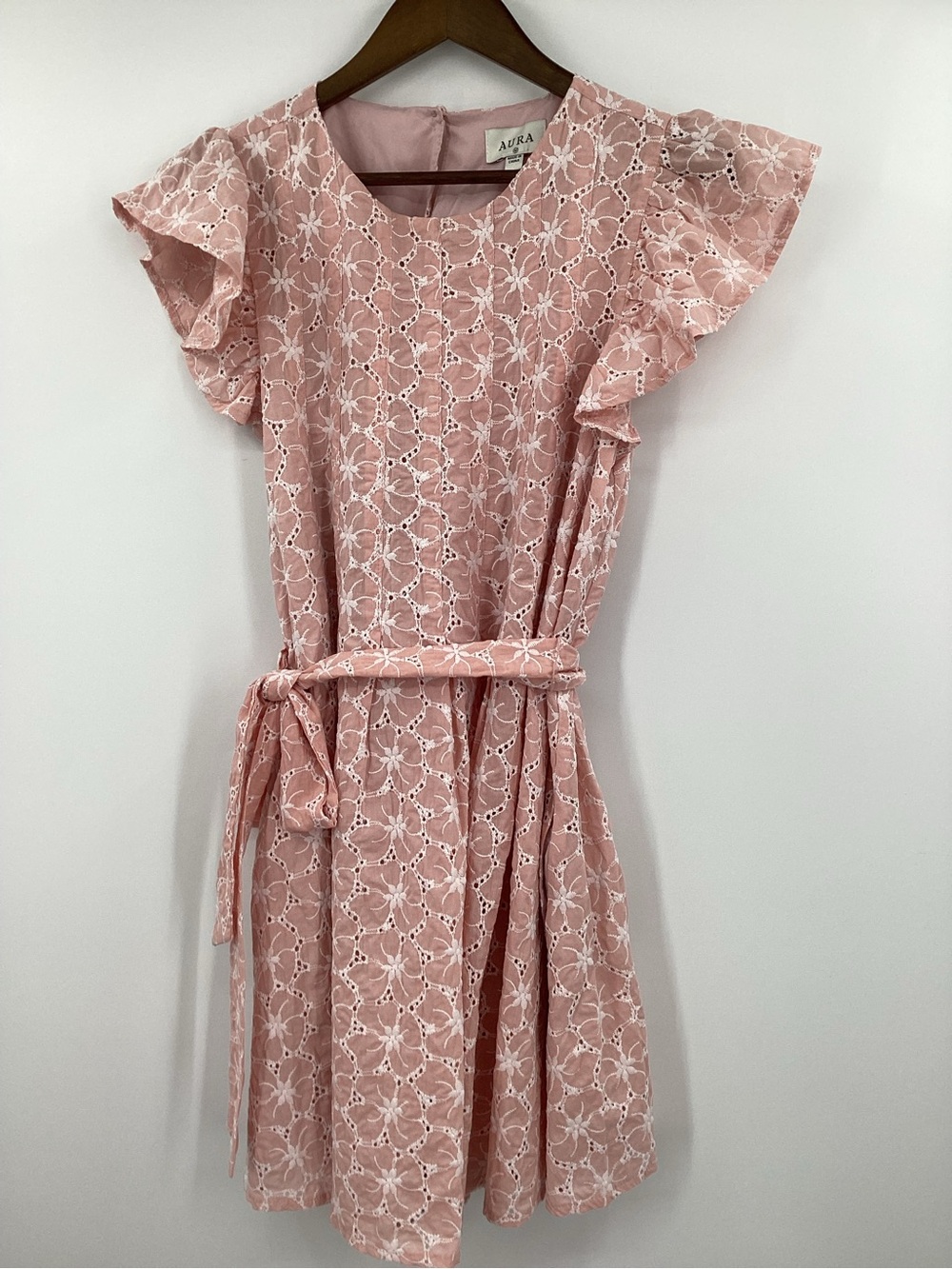 Aura Blush Pink Eyelet Flutter-Sleeve Dress with Tie Waist